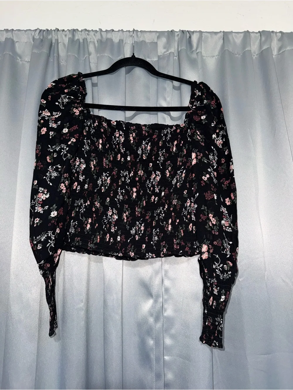 Reformation Black Smocked Off-Shoulder Top with Pink Floral